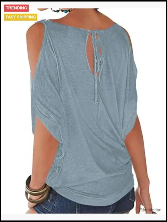 Cold Shoulder Blouse with Floral Pattern, Loose Fit, Polyester Spandex Blend - Picture 2 of 7